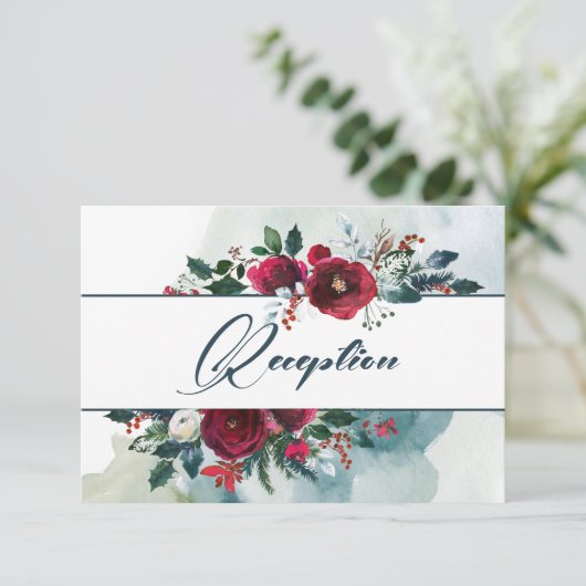 Dusty Blue | Burgundy Bloom Wedding Reception Card Einladung (Stehend Vorderseite)