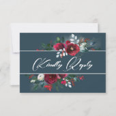 Dusty Blue | Burgundy Bloom Wedding RSVP Card Einladung (Vorderseite)