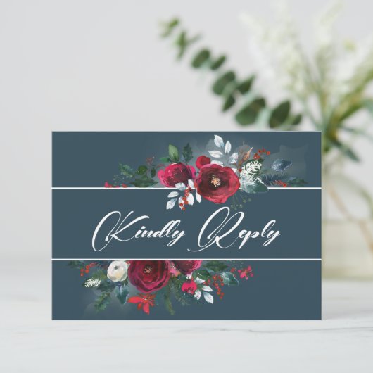 Dusty Blue | Burgundy Bloom Wedding RSVP Card Einladung (Stehend Vorderseite)