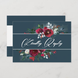 Dusty Blue | Burgundy Bloom Wedding RSVP Card Einladung