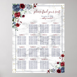Dusty Blue Burgundy Blumenmarmor Hochzeitssitze Poster