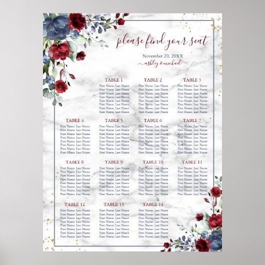 Dusty Blue Burgundy Blumenmarmor Hochzeitssitze Poster (Vorne)