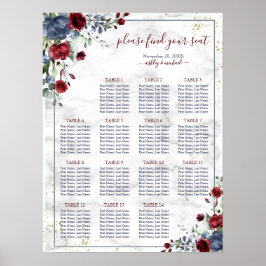 Dusty Blue Burgundy Blumenmarmor Hochzeitssitze Poster
