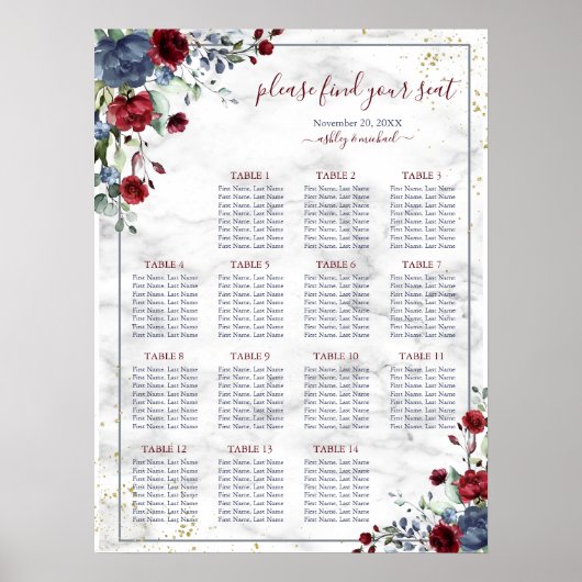 Dusty Blue Burgundy Blumenmarmor Hochzeitssitze Poster (Vorne)