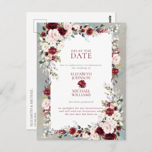 Dusty Blue Burgundy Blush Bloral Delay Datum Postkarte (Vorne/Hinten)
