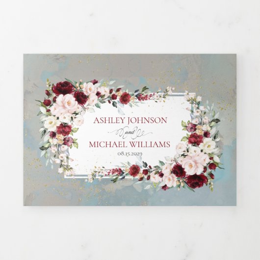Dusty Blue Burgundy Blush Bloral Foto Dreifach Gefaltete Einladung (Cover)