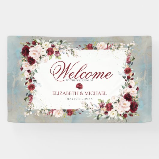 Dusty Blue Burgundy Blush Floral Elegante Hochzeit Banner (Horizontal)