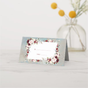 Dusty Blue Burgundy Blush Floral Elegante Hochzeit Platzkarte