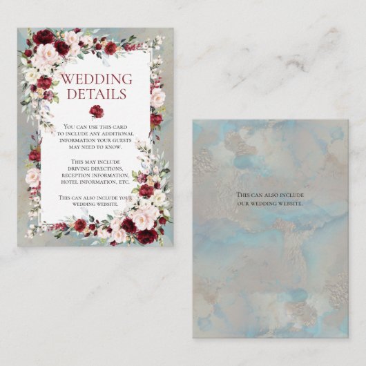 Dusty Blue Burgundy Blush Floral Wedding Details Begleitkarte (Vorne/Hinten)