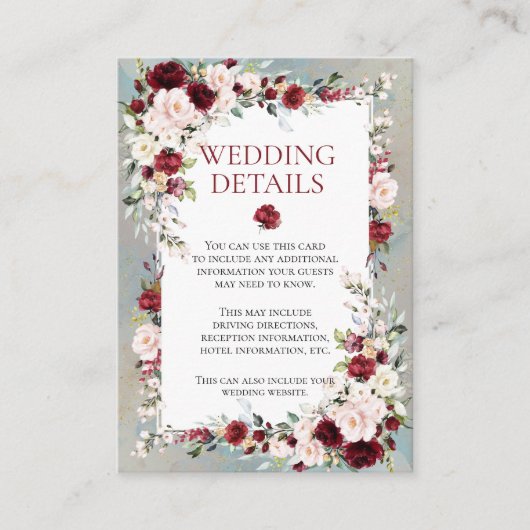 Dusty Blue Burgundy Blush Floral Wedding Details Begleitkarte (Vorderseite)