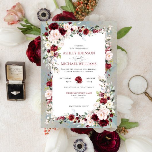 Dusty Blue Burgundy Blush Floral Wedding Einladung