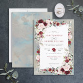 Dusty Blue Burgundy Blush Floral Wedding Einladung