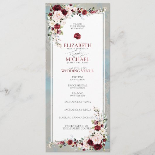 Dusty Blue Burgundy Blush Floral Wedding Program Programm (Vorderseite)