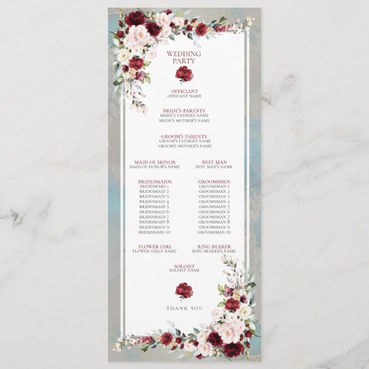 Dusty Blue Burgundy Blush Floral Wedding Program Programm (Rückseite)