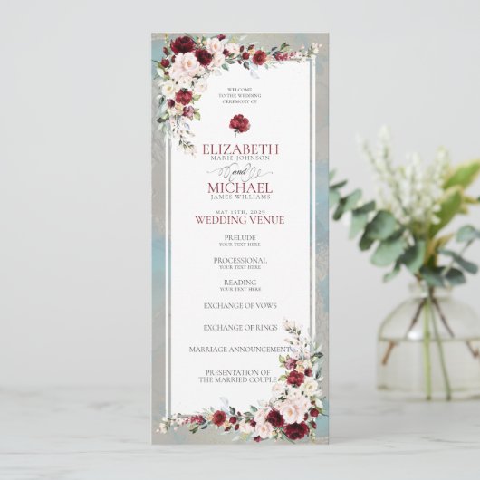 Dusty Blue Burgundy Blush Floral Wedding Program Programm (Stehend Vorderseite)