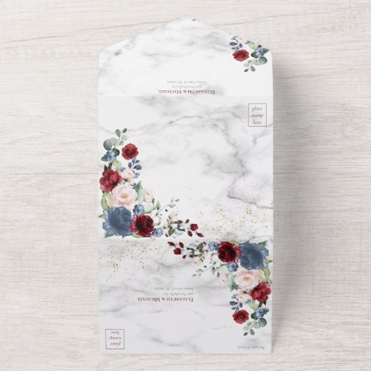 Dusty Blue Burgundy Blush Gold Floral Wedding All In One Einladung (Außenbereich)