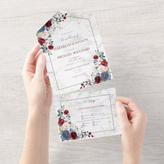 Dusty Blue Burgundy Blush Gold Floral Wedding All In One Einladung (Abreißen)