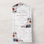 Dusty Blue Burgundy Blush Gold Floral Wedding All In One Einladung (Innen Boden)