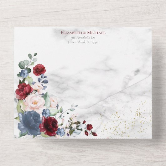 Dusty Blue Burgundy Blush Gold Floral Wedding All In One Einladung (Rückseite)