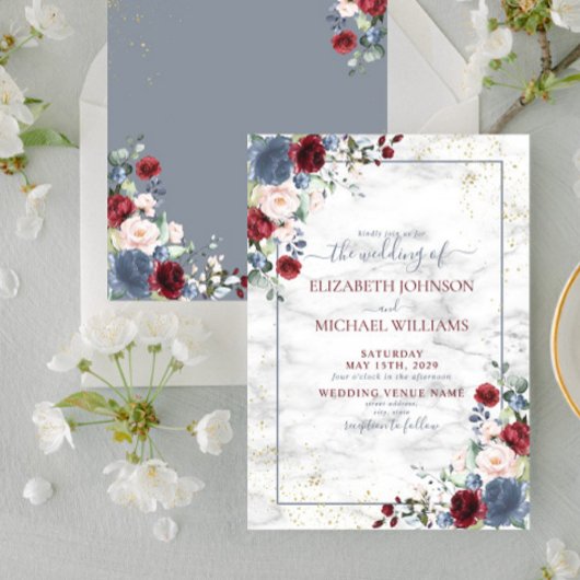 Dusty Blue Burgundy Blush Gold Floral Wedding Einladung