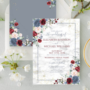Dusty Blue Burgundy Blush Gold Floral Wedding Einladung