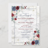 Dusty Blue Burgundy Blush Gold Floral Wedding Einladung (Vorderseite)