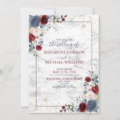 Dusty Blue Burgundy Blush Gold Floral Wedding Einladung (Vorderseite)
