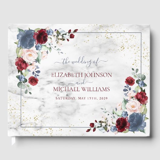 Dusty Blue Burgundy Blush Gold Floral Wedding Gästebuch (Vorderseite)