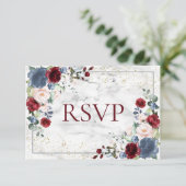 Dusty Blue Burgundy Blush Gold Wedding RSVP Karte (Stehend Vorderseite)