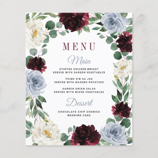 Dusty Blue Burgundy Boho Hochzeit im Herbst Menu C (Vorderseite)