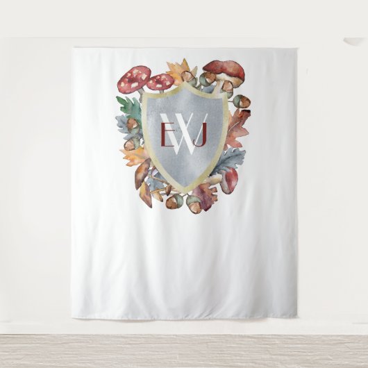 Dusty Blue Burgundy Fall Mushroom Wedding Backgrou Wandteppich (Vorderseite)