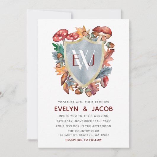 Dusty Blue Burgundy Fall Mushroom Wedding Einladung (Vorderseite)