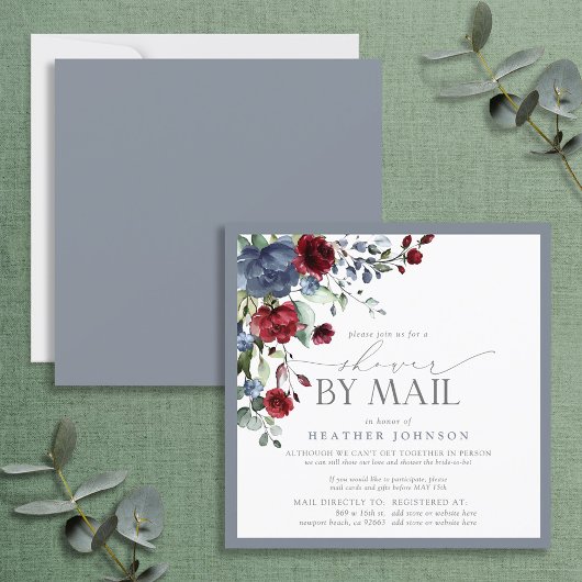 Dusty Blue Burgundy Floral Brautparty Mail Einladung