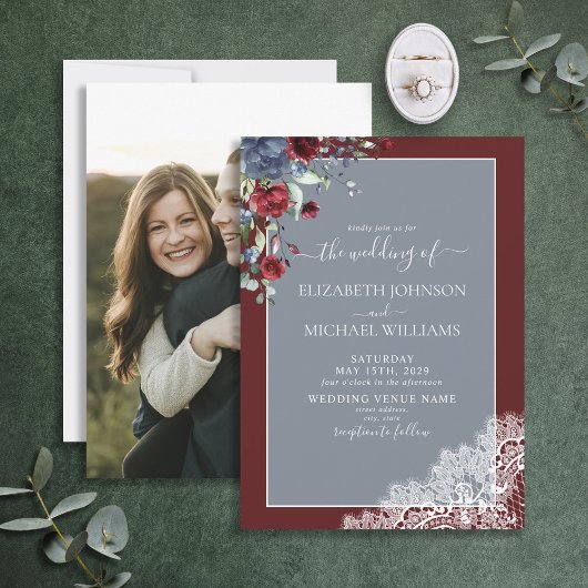 Dusty Blue Burgundy Floral Lace Wood Foto Wedding Einladung
