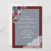Dusty Blue Burgundy Floral Lace Wood Foto Wedding Einladung (Vorderseite)