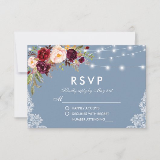 Dusty Blue Burgundy Floral Lights Lace RSVP Karte (Vorderseite)