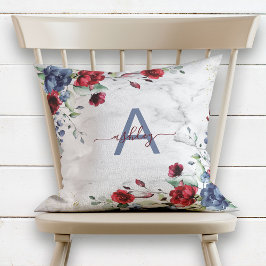 Dusty Blue Burgundy floral Marmorname Monogram Kissen