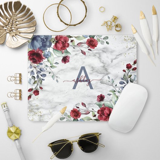 Dusty Blue Burgundy floral Marmorname Monogram Mousepad