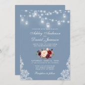 Dusty Blue Burgundy Floral Wedding Lights Einladung (Vorne/Hinten)