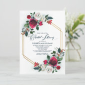 Dusty Blue | Burgundy Red Bloom Brautparty Einladung (Stehend Vorderseite)