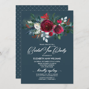 Dusty Blue Burgundy Red Bloom Bridal Tee Party Einladung