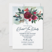 Dusty Blue | Burgundy Red Bloom Bridal Tee Party Einladung (Vorderseite)