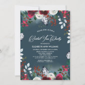 Dusty Blue | Burgundy Red Bloom Bridal Tee Party Einladung (Vorderseite)