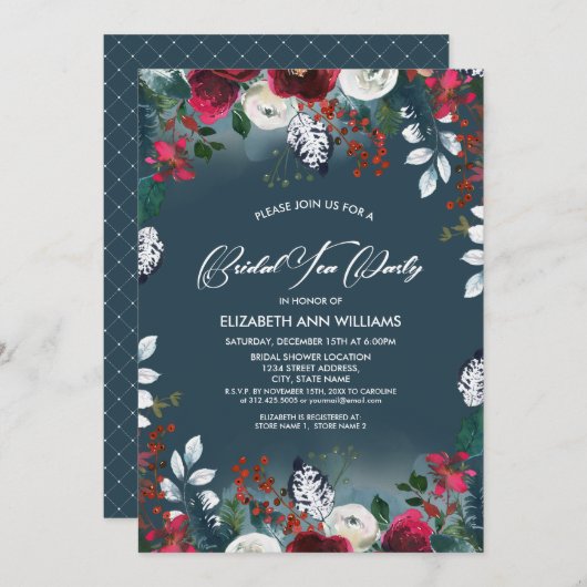 Dusty Blue | Burgundy Red Bloom Bridal Tee Party Einladung (Vorne/Hinten)