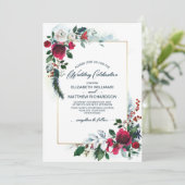 Dusty Blue | Burgundy Red Bloom Winter Wedding Einladung (Stehend Vorderseite)