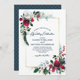 Dusty Blue | Burgundy Red Bloom Winter Wedding Einladung