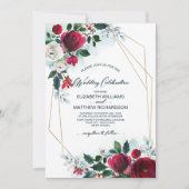 Dusty Blue | Burgundy Red Bloom Winter Wedding Einladung (Vorderseite)
