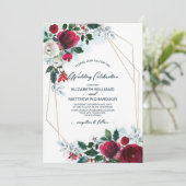 Dusty Blue | Burgundy Red Bloom Winter Wedding Einladung (Stehend Vorderseite)