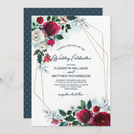 Dusty Blue | Burgundy Red Bloom Winter Wedding Einladung