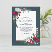Dusty Blue | Burgundy Red Bloom Winter Wedding Einladung (Stehend Vorderseite)